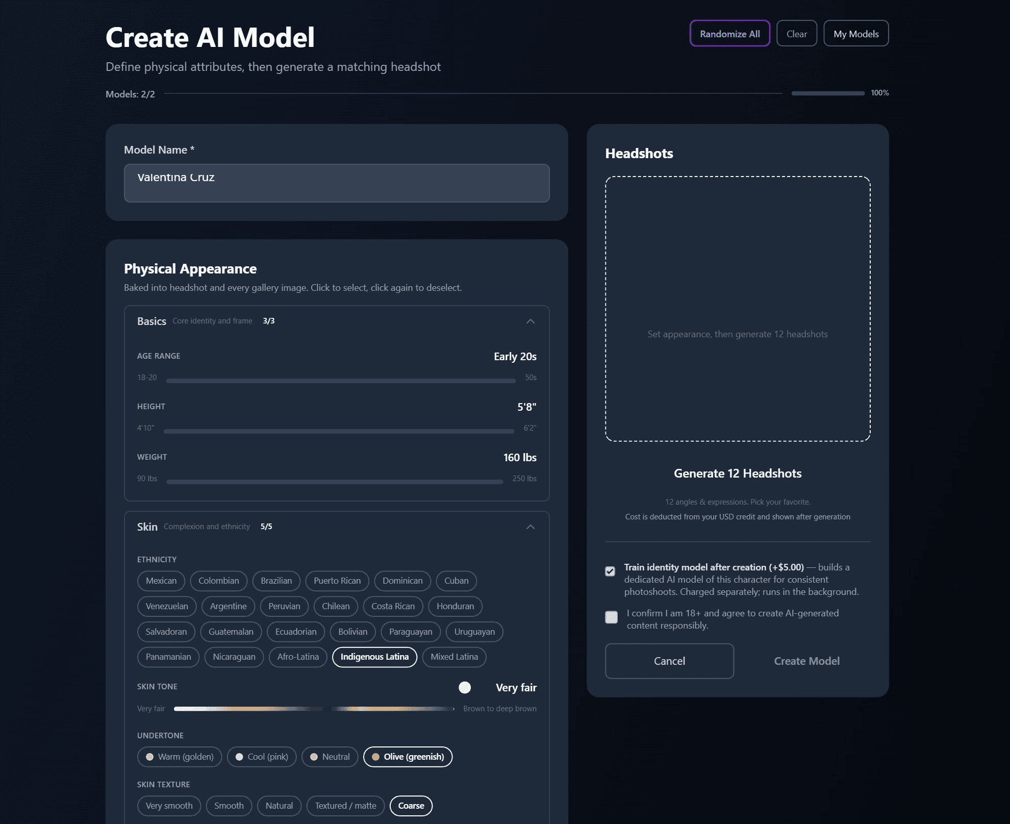 The Create AI Model wizard: physical appearance pickers on the left, the headshot generation panel with pricing on the right