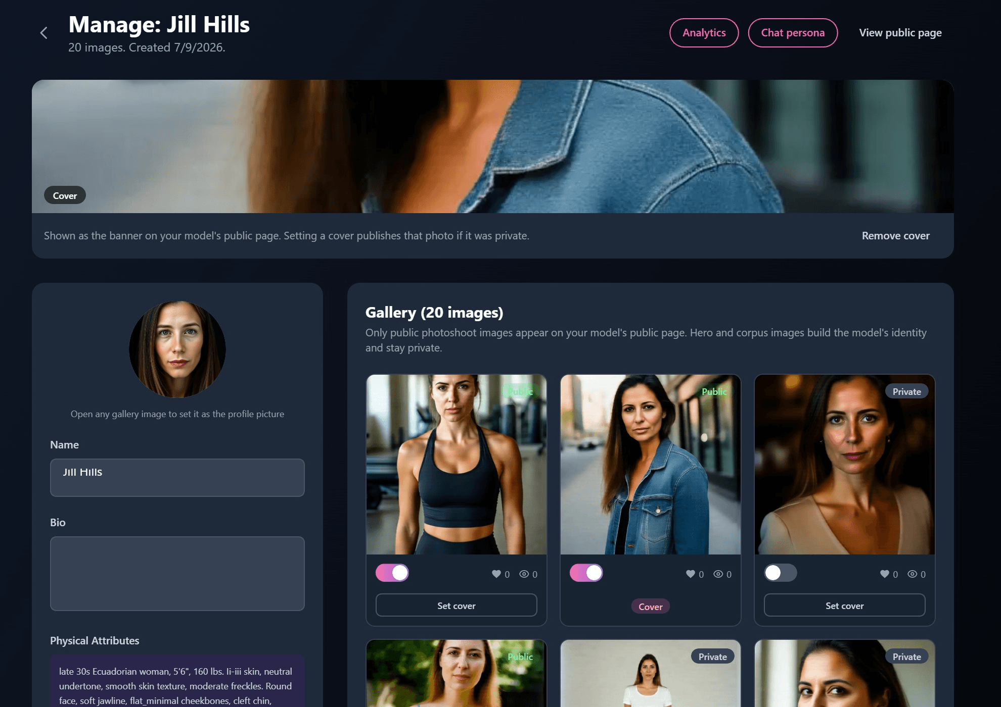 The model management page: cover banner, gallery of consistent photos of the same woman, and publish controls