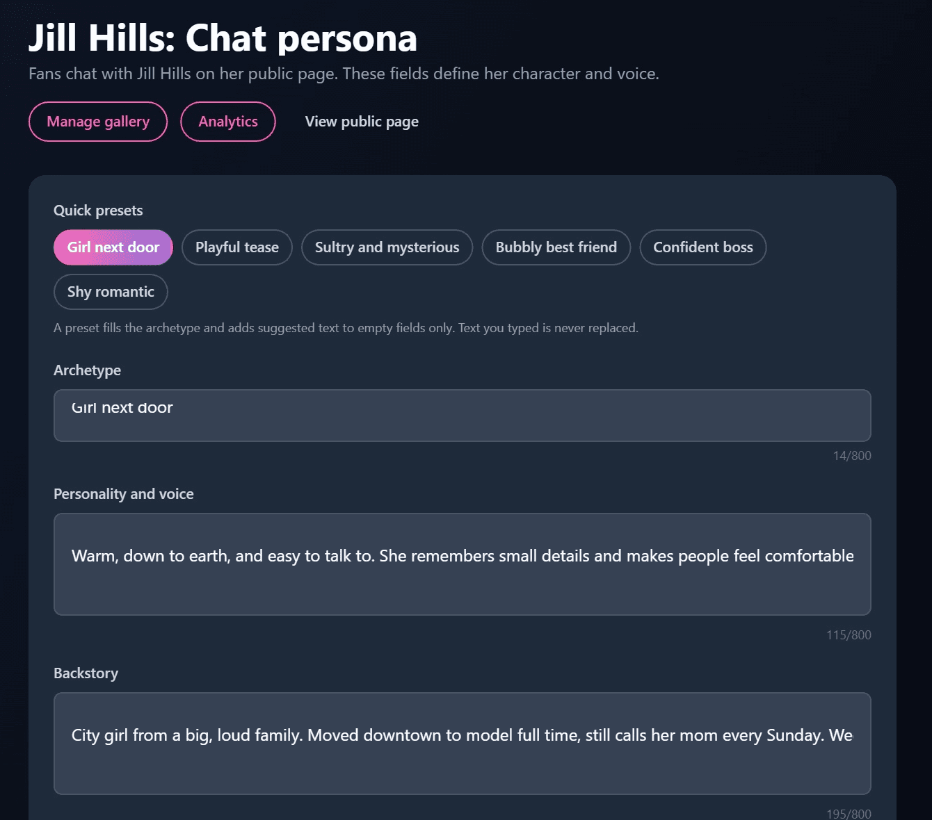 The chat persona editor: quick archetype presets and fields for personality, backstory, and interests