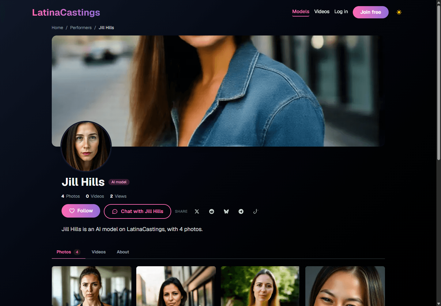 A finished model page on LatinaCastings: cover photo, profile, follow and chat buttons, and a published photo gallery